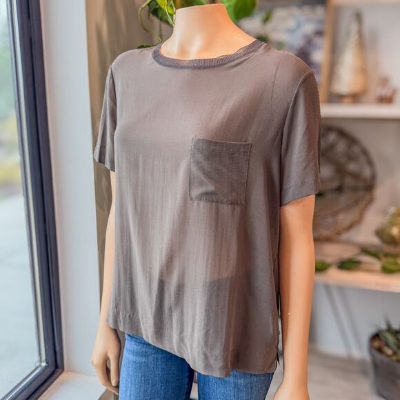 Vince, Sheer Silk Mocha Brown Crewneck Short Sleeve Pocket Tee, Women's Medium - Picture 2 of 8